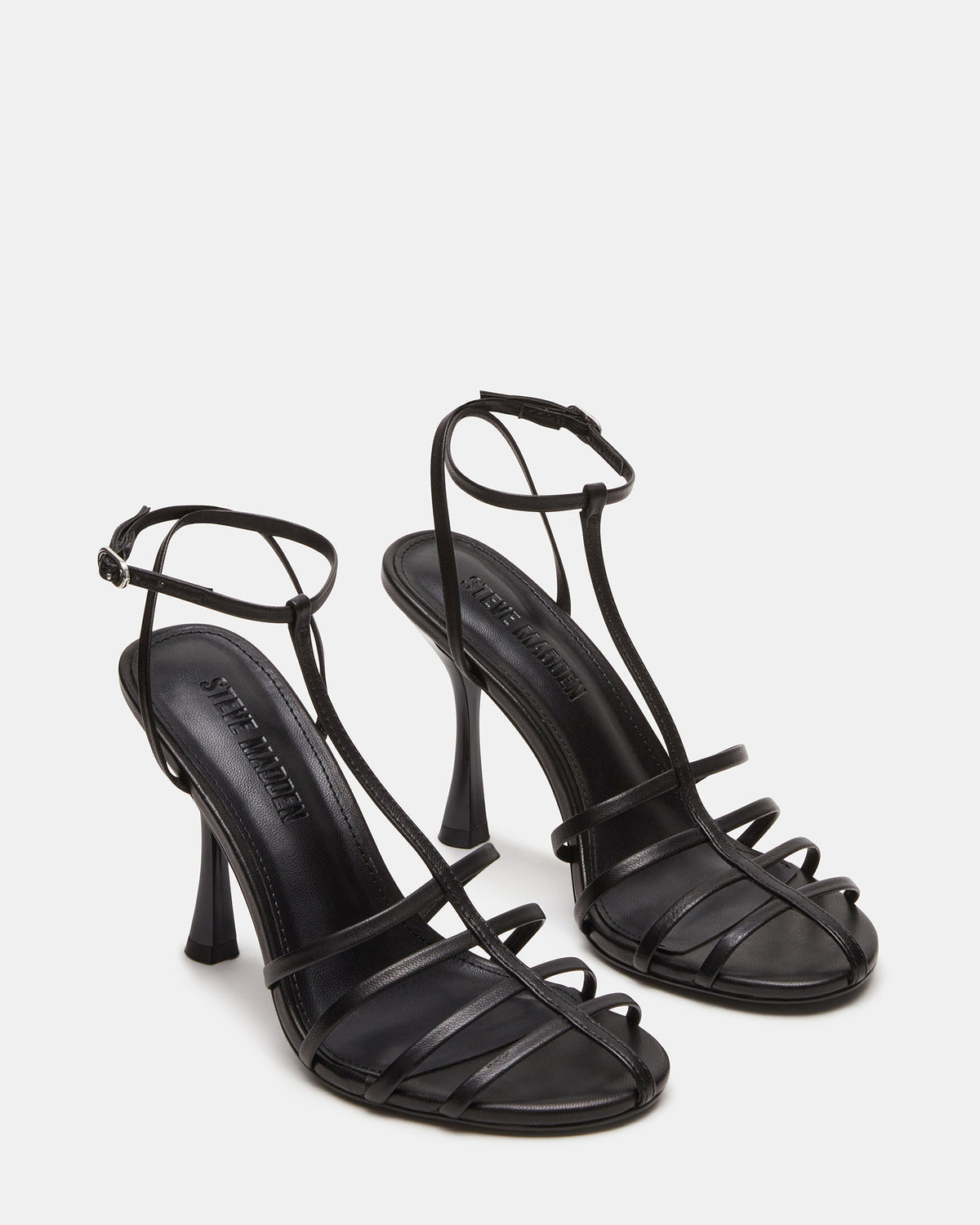 TILDAH Black Leather Strappy Rounded Toe Women's Heel | Steve Madden