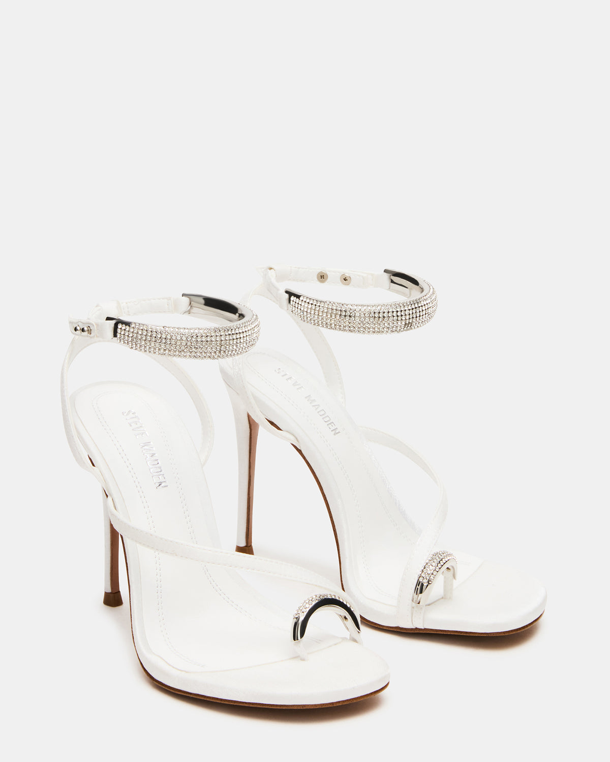 TIA Rhinestones White Satin Open-Toe Stiletto Women's Heel | Steve Madden