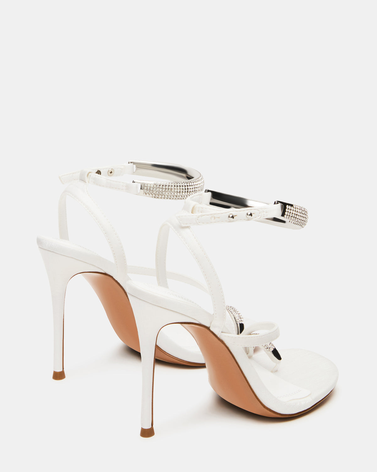 TIA Rhinestones White Satin Open-Toe Stiletto Women's Heel | Steve Madden