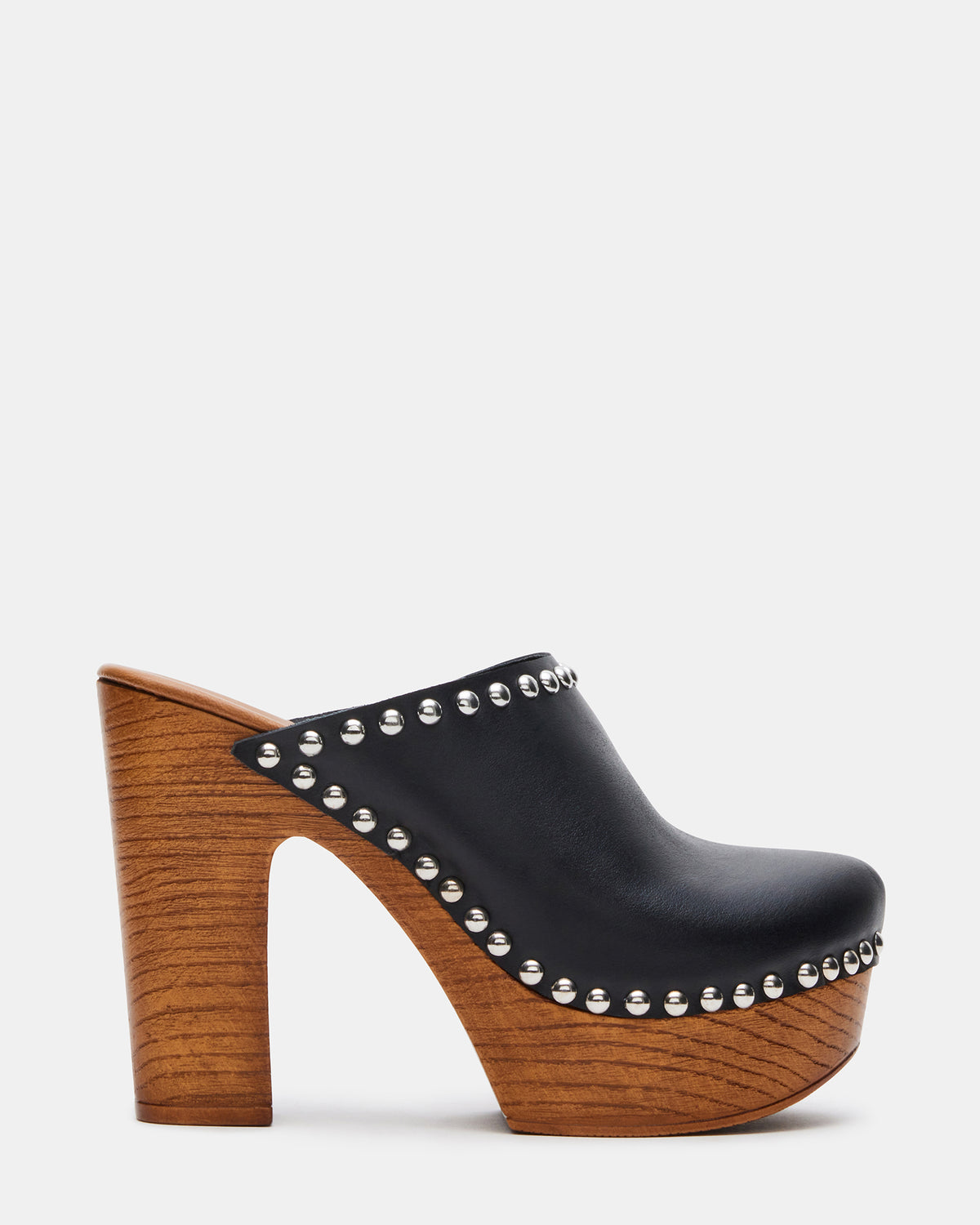 DUTCHESS Black Leather Women's Studded Platform Mule Clog Heel | Steve Madden