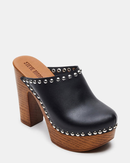 DUTCHESS Black Leather Women's Studded Platform Mule Clog Heel | Steve Madden