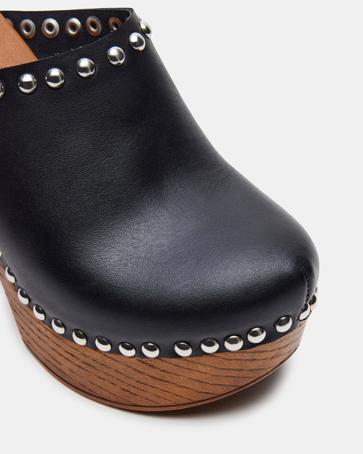 DUTCHESS Black Leather Women's Studded Platform Mule Clog Heel | Steve Madden