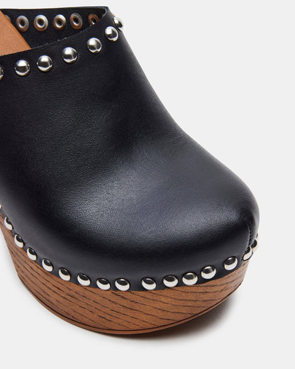 DUTCHESS Black Leather Women's Studded Platform Mule Clog Heel | Steve Madden