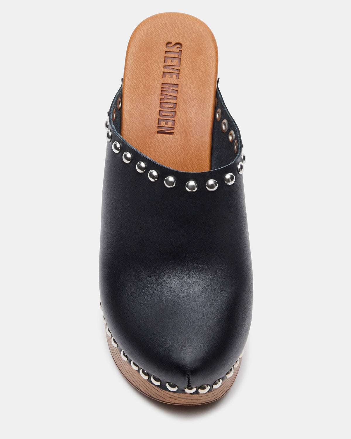 DUTCHESS Black Leather Women's Studded Platform Mule Clog Heel | Steve Madden