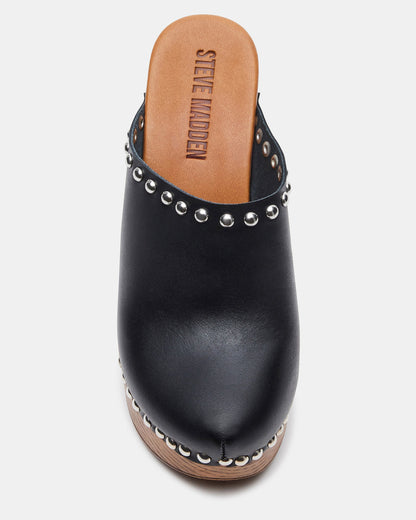 DUTCHESS Black Leather Women's Studded Platform Mule Clog Heel | Steve Madden