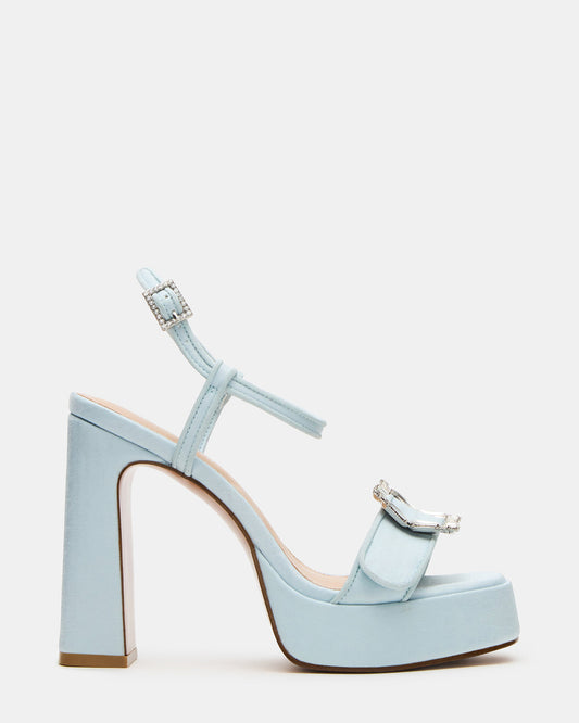 LIANDRA Buckle Blue Satin Women's Platform Square-Toe Strappy Heel | Steve Madden