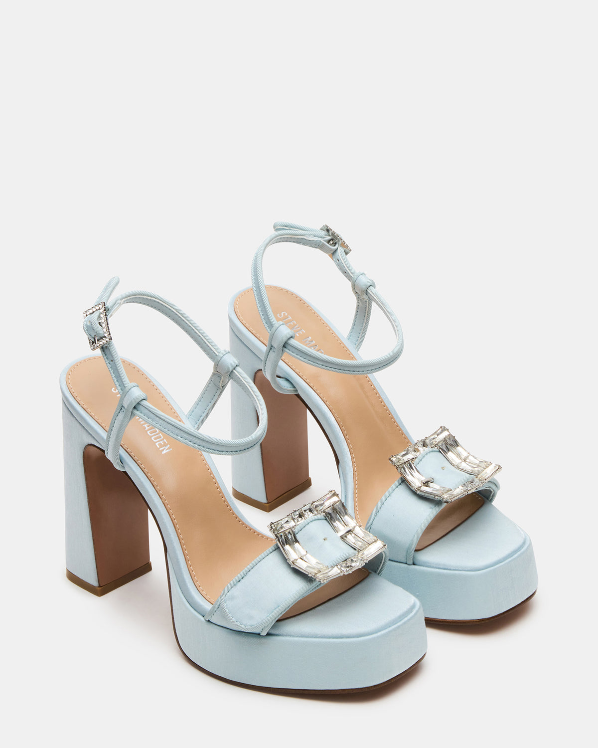 LIANDRA Buckle Blue Satin Women's Platform Square-Toe Strappy Heel | Steve Madden