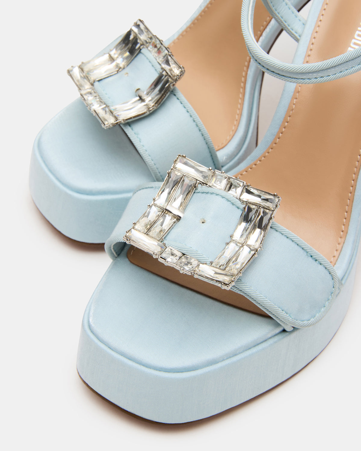 LIANDRA Buckle Blue Satin Women's Platform Square-Toe Strappy Heel | Steve Madden