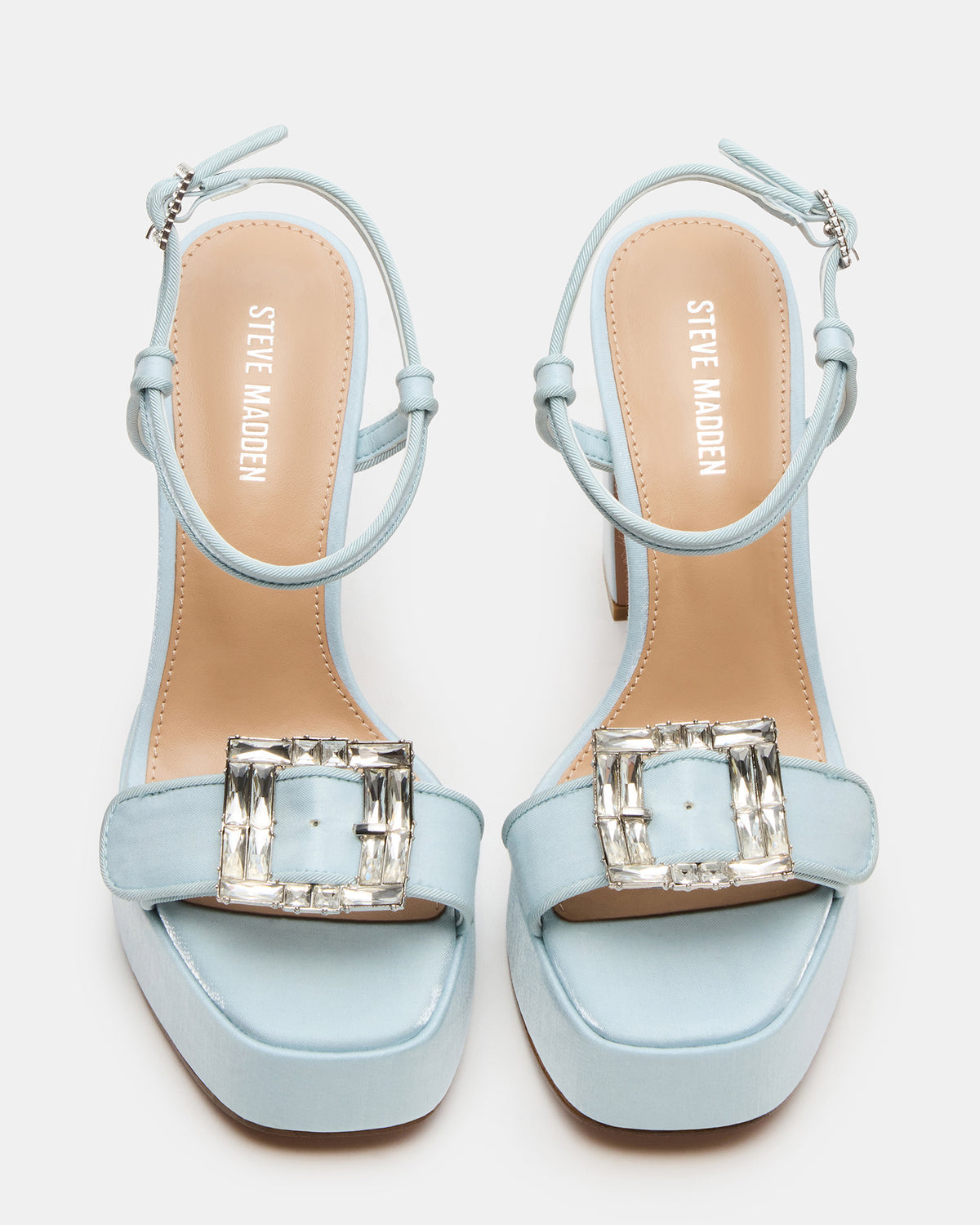 LIANDRA Buckle Blue Satin Women's Platform Square-Toe Strappy Heel | Steve Madden