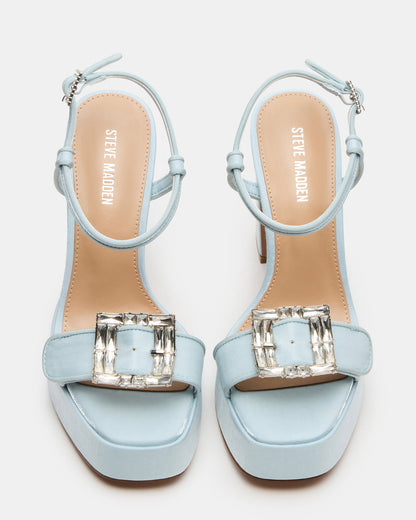 LIANDRA Buckle Blue Satin Women's Platform Square-Toe Strappy Heel | Steve Madden