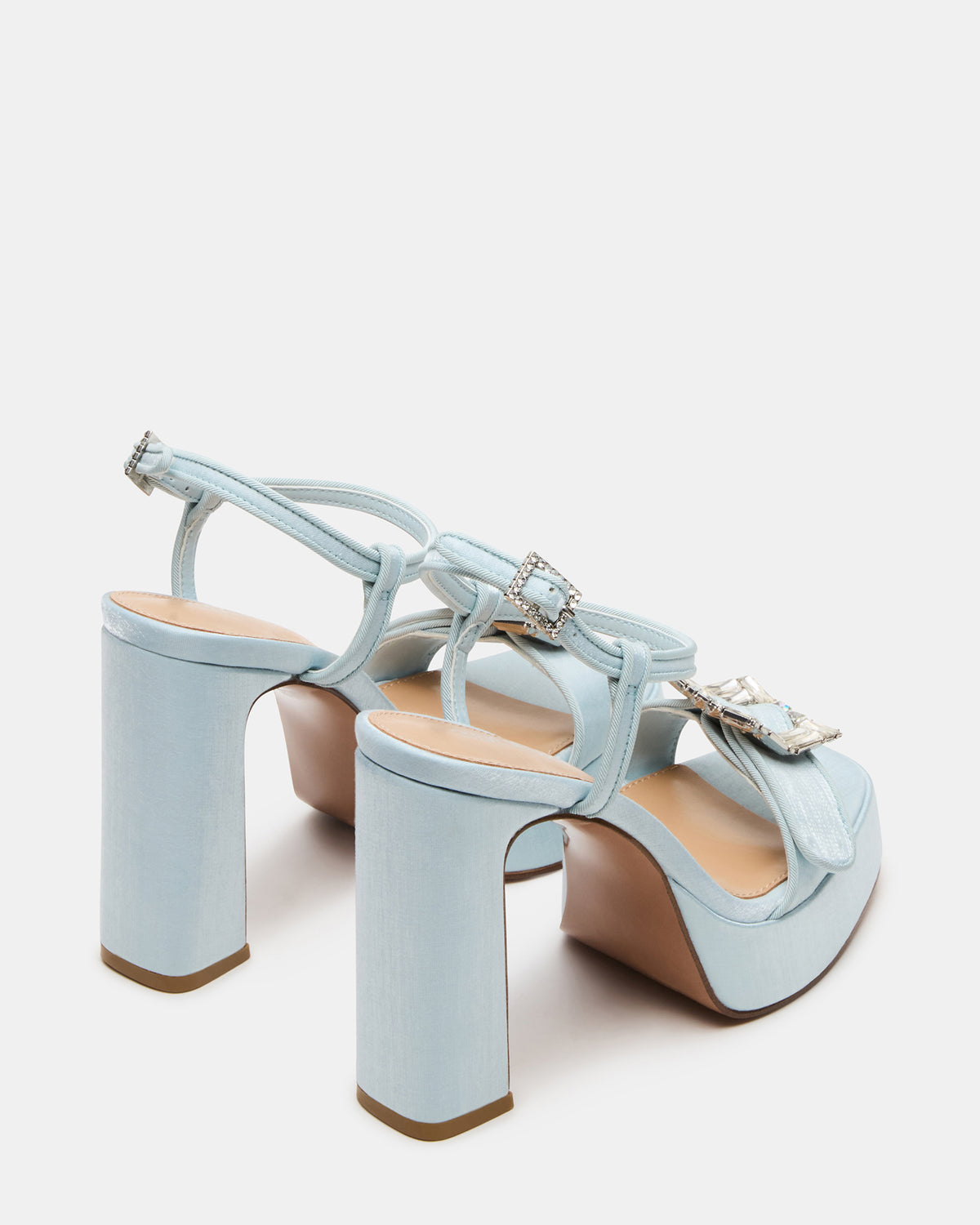 LIANDRA Buckle Blue Satin Women's Platform Square-Toe Strappy Heel | Steve Madden