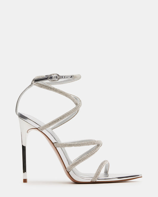SKY Silver Strappy Rhinestone Stiletto Heel | Women's Heels | Steve Madden
