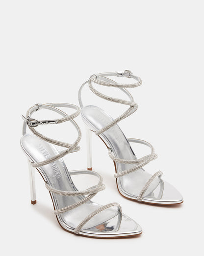SKY Silver Strappy Rhinestone Stiletto Heel | Women's Heels | Steve Madden