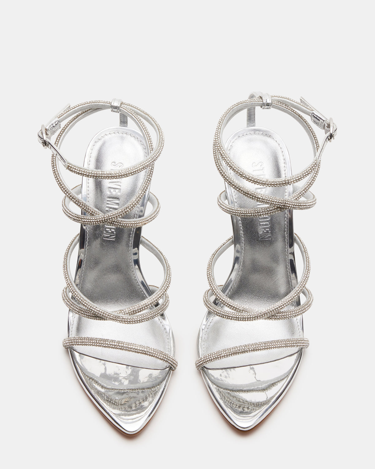 SKY Silver Strappy Rhinestone Stiletto Heel | Women's Heels | Steve Madden