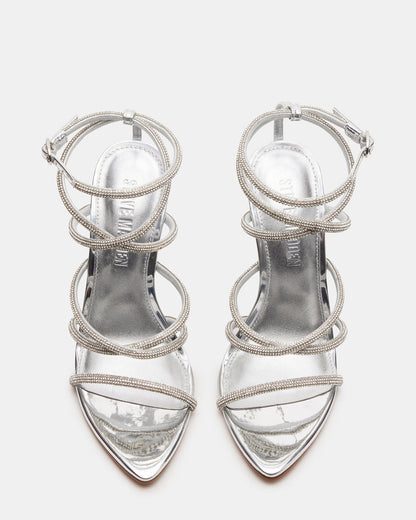 SKY Silver Strappy Rhinestone Stiletto Heel | Women's Heels | Steve Madden