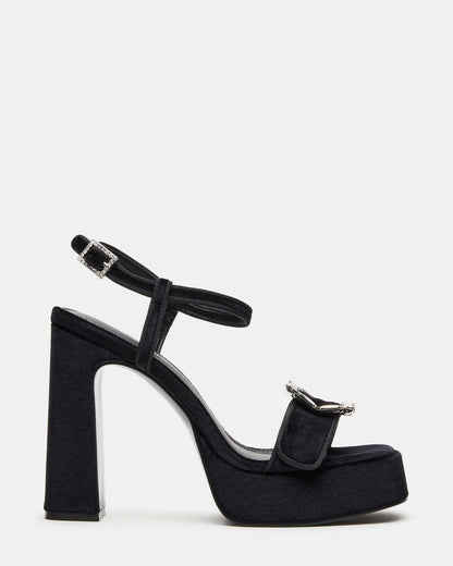 LIANDRA Buckle Black Velvet Women's Platform Square-Toe Strappy Heel | Steve Madden