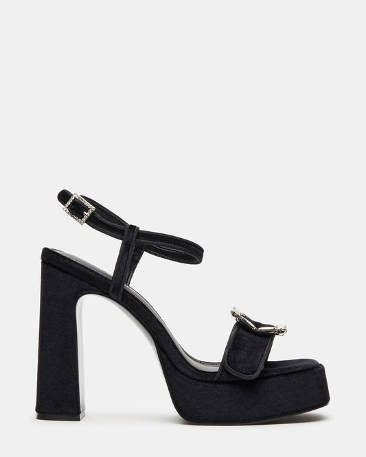 LIANDRA Buckle Black Velvet Women's Platform Square-Toe Strappy Heel | Steve Madden
