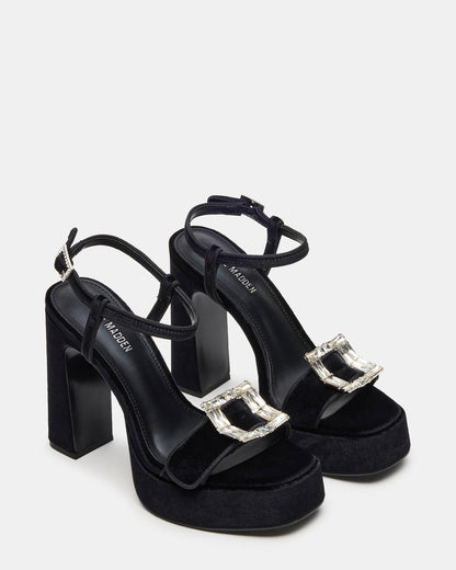 LIANDRA Buckle Black Velvet Women's Platform Square-Toe Strappy Heel | Steve Madden