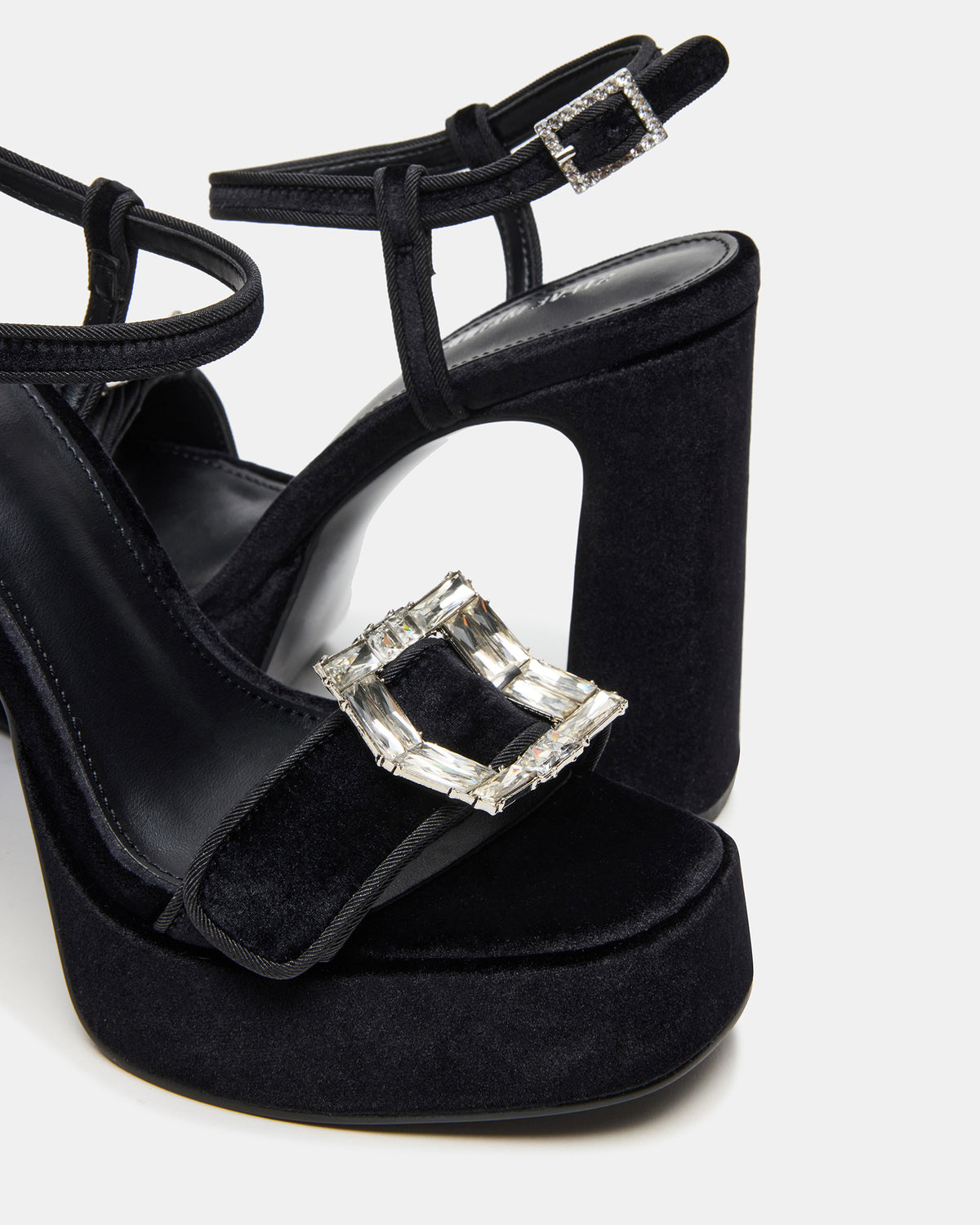 LIANDRA Buckle Black Velvet Women's Platform Square-Toe Strappy Heel | Steve Madden