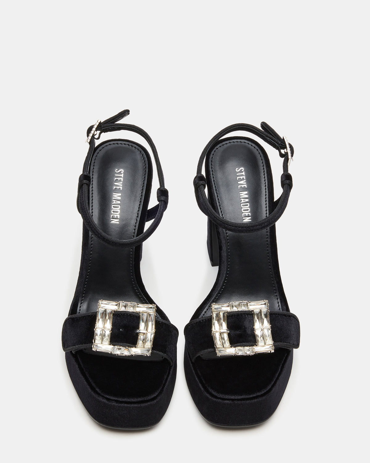 LIANDRA Buckle Black Velvet Women's Platform Square-Toe Strappy Heel | Steve Madden