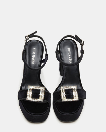LIANDRA Buckle Black Velvet Women's Platform Square-Toe Strappy Heel | Steve Madden