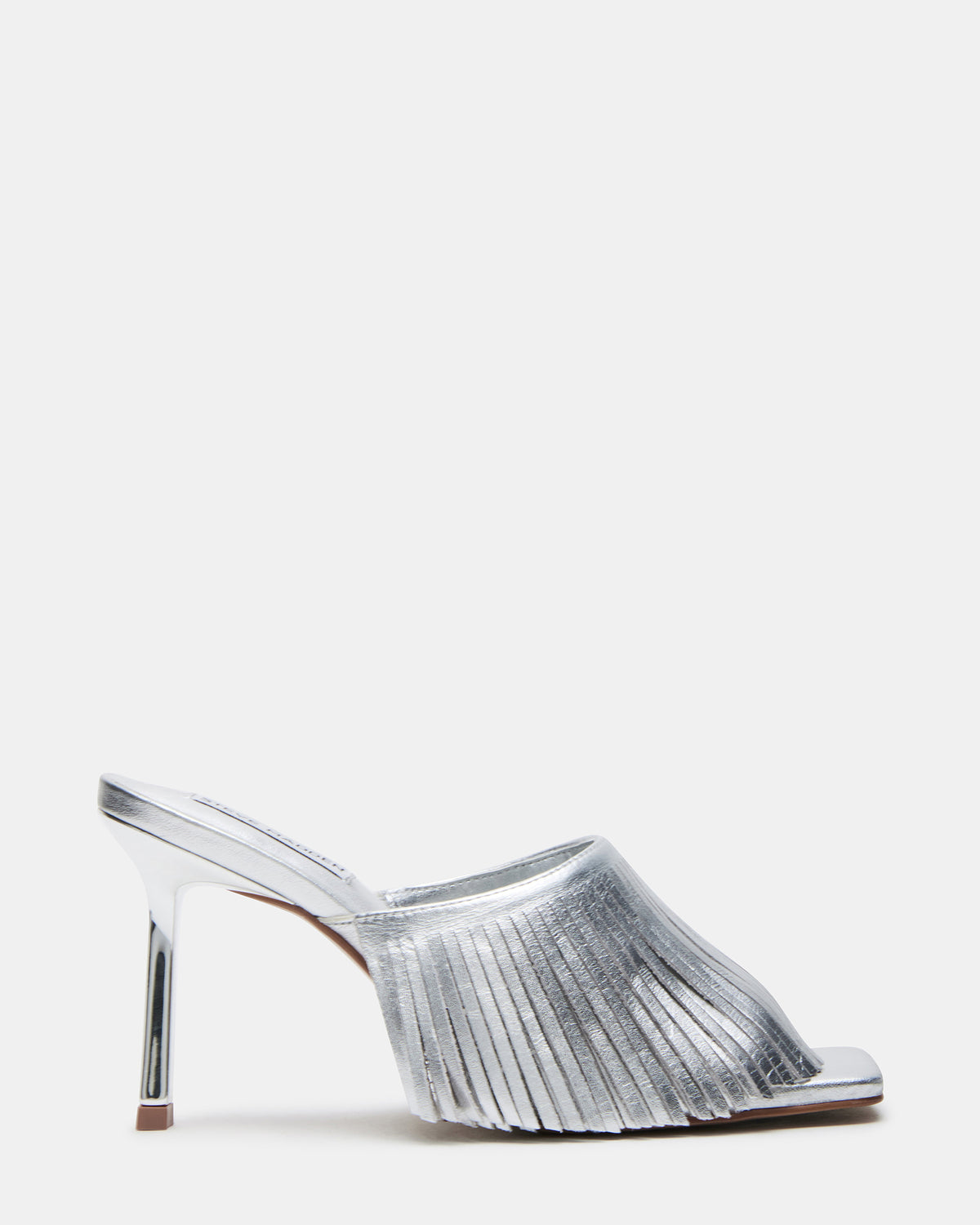 MORINA Silver Leather Square-Toe Stiletto Mule Fringe Heel | Women's Heels | Steve Madden