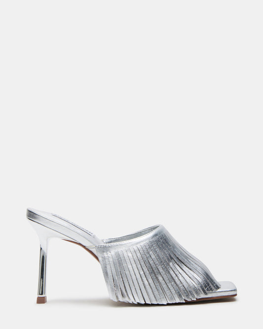 MORINA Silver Leather Square-Toe Stiletto Mule Fringe Heel | Women's Heels | Steve Madden