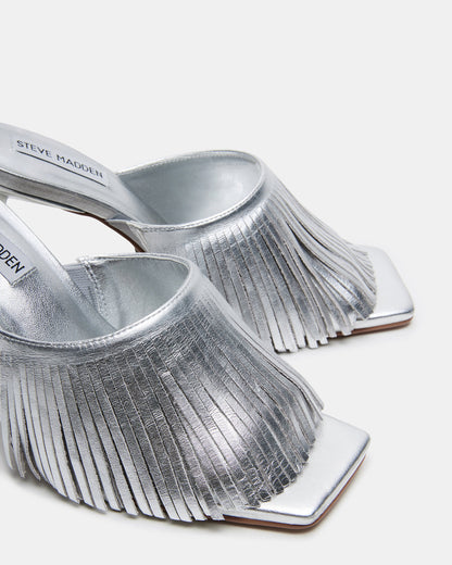 MORINA Silver Leather Square-Toe Stiletto Mule Fringe Heel | Women's Heels | Steve Madden