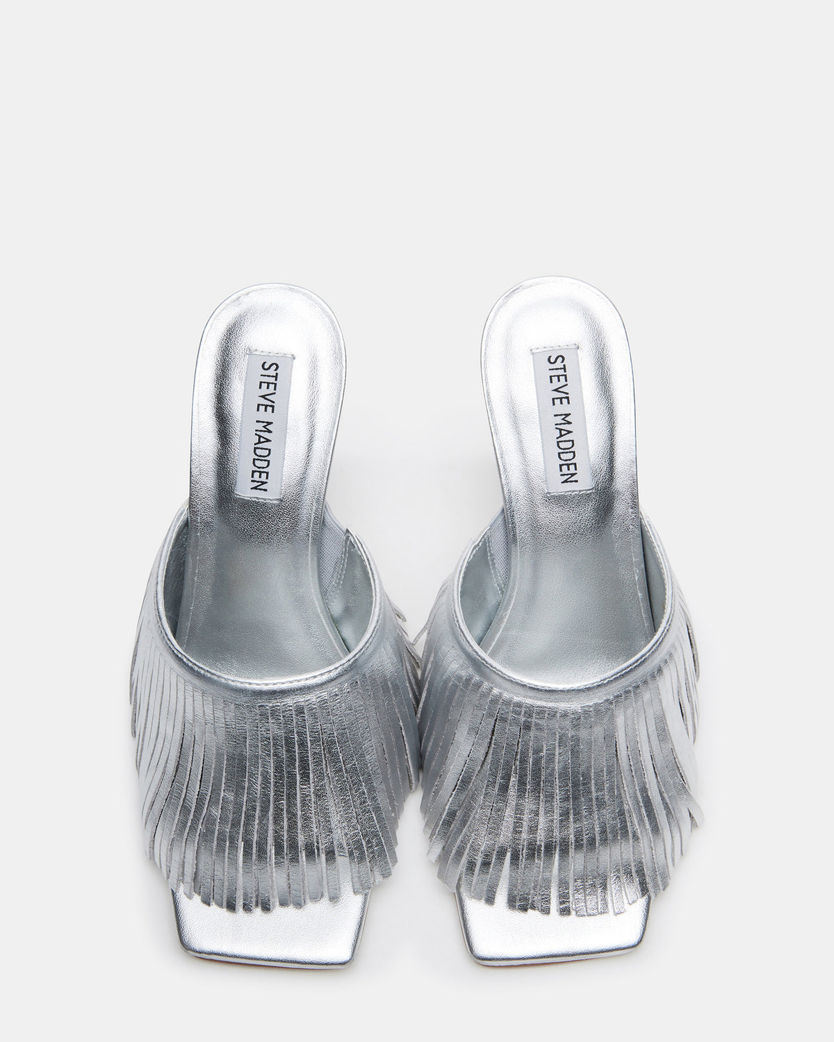 MORINA Silver Leather Square-Toe Stiletto Mule Fringe Heel | Women's Heels | Steve Madden