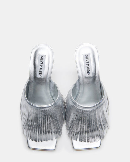 MORINA Silver Leather Square-Toe Stiletto Mule Fringe Heel | Women's Heels | Steve Madden