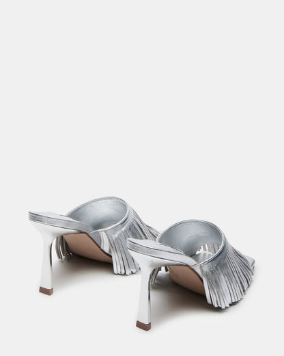 MORINA Silver Leather Square-Toe Stiletto Mule Fringe Heel | Women's Heels | Steve Madden