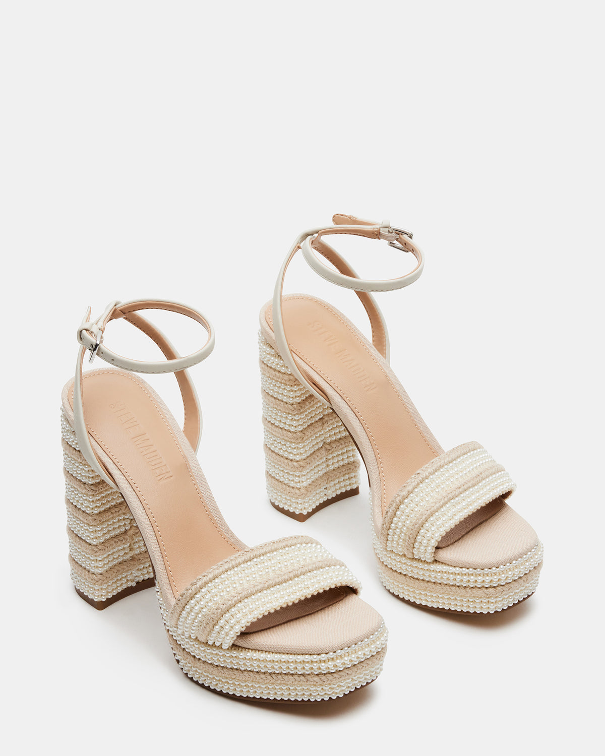 LUMARA Natural Raffia Pearl Platform Block Heel | Women's Heels | Steve Madden
