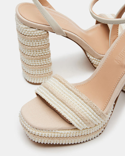 LUMARA Natural Raffia Pearl Platform Block Heel | Women's Heels | Steve Madden