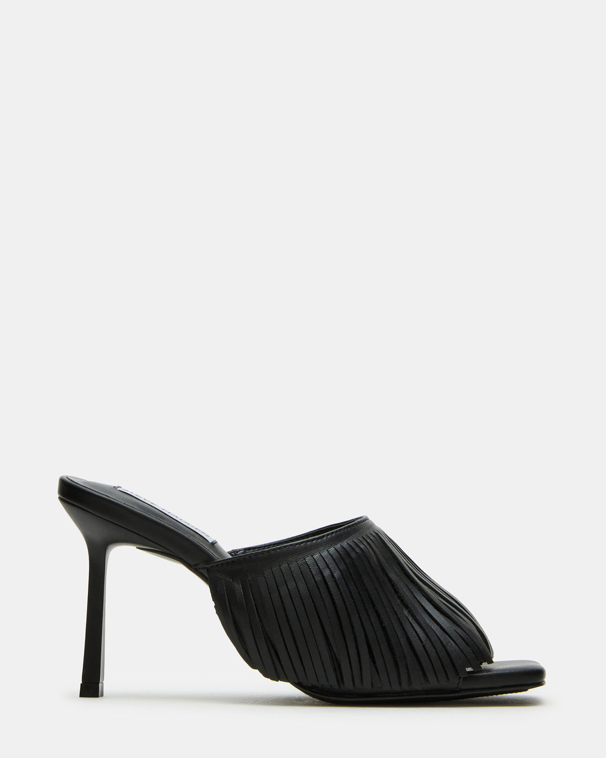 MORINA Black Leather Square-Toe Stiletto Mule Fringe Heel | Women's Heels | Steve Madden