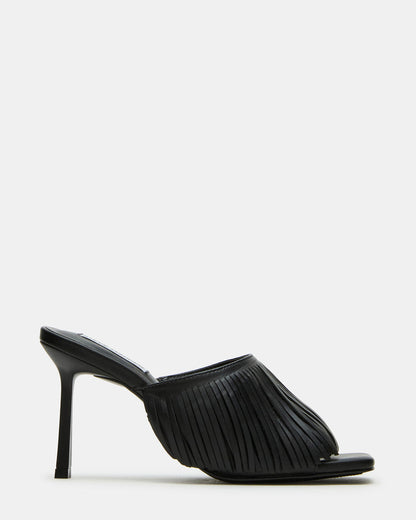 MORINA Black Leather Square-Toe Stiletto Mule Fringe Heel | Women's Heels | Steve Madden