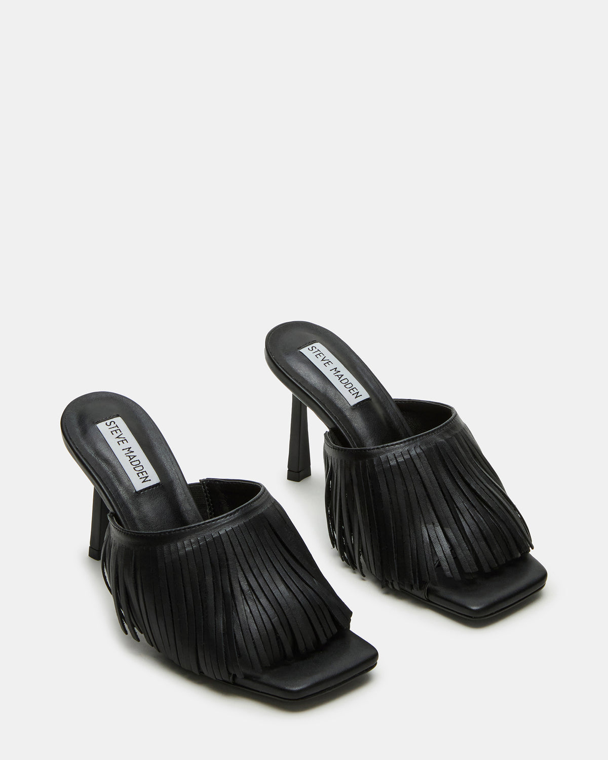MORINA Black Leather Square-Toe Stiletto Mule Fringe Heel | Women's Heels | Steve Madden