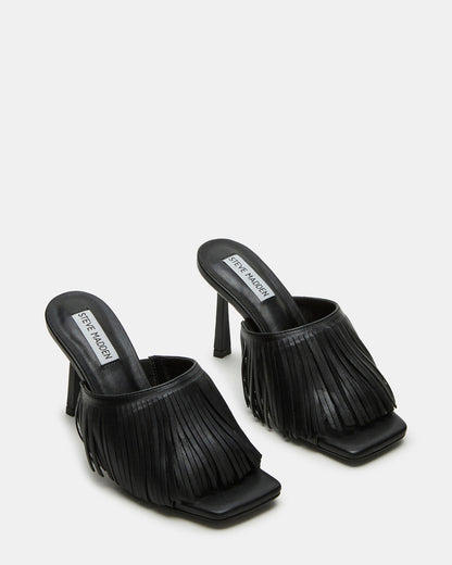 MORINA Black Leather Square-Toe Stiletto Mule Fringe Heel | Women's Heels | Steve Madden
