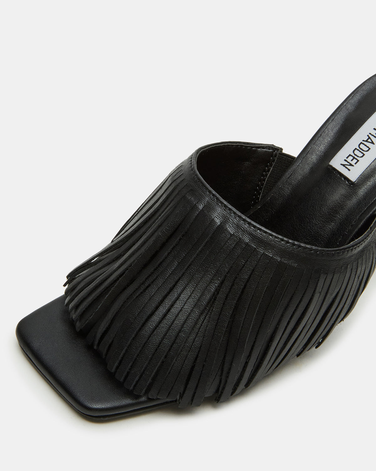 MORINA Black Leather Square-Toe Stiletto Mule Fringe Heel | Women's Heels | Steve Madden