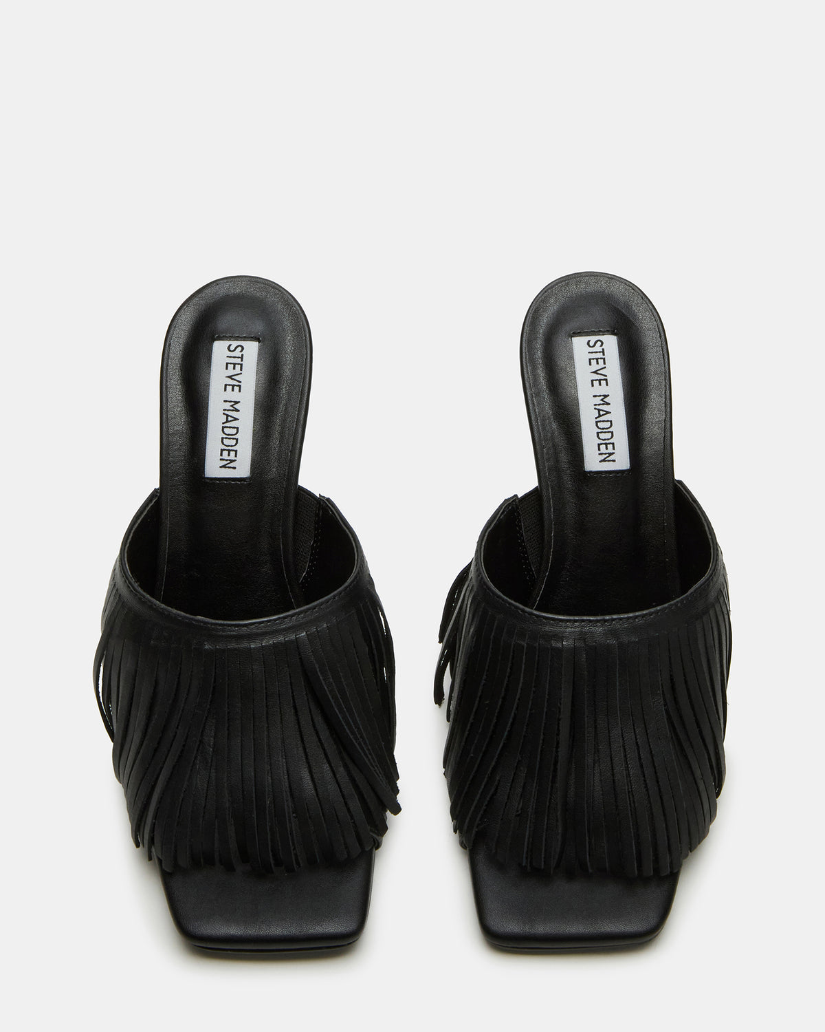 MORINA Black Leather Square-Toe Stiletto Mule Fringe Heel | Women's Heels | Steve Madden