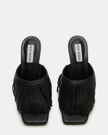 MORINA Black Leather Square-Toe Stiletto Mule Fringe Heel | Women's Heels | Steve Madden