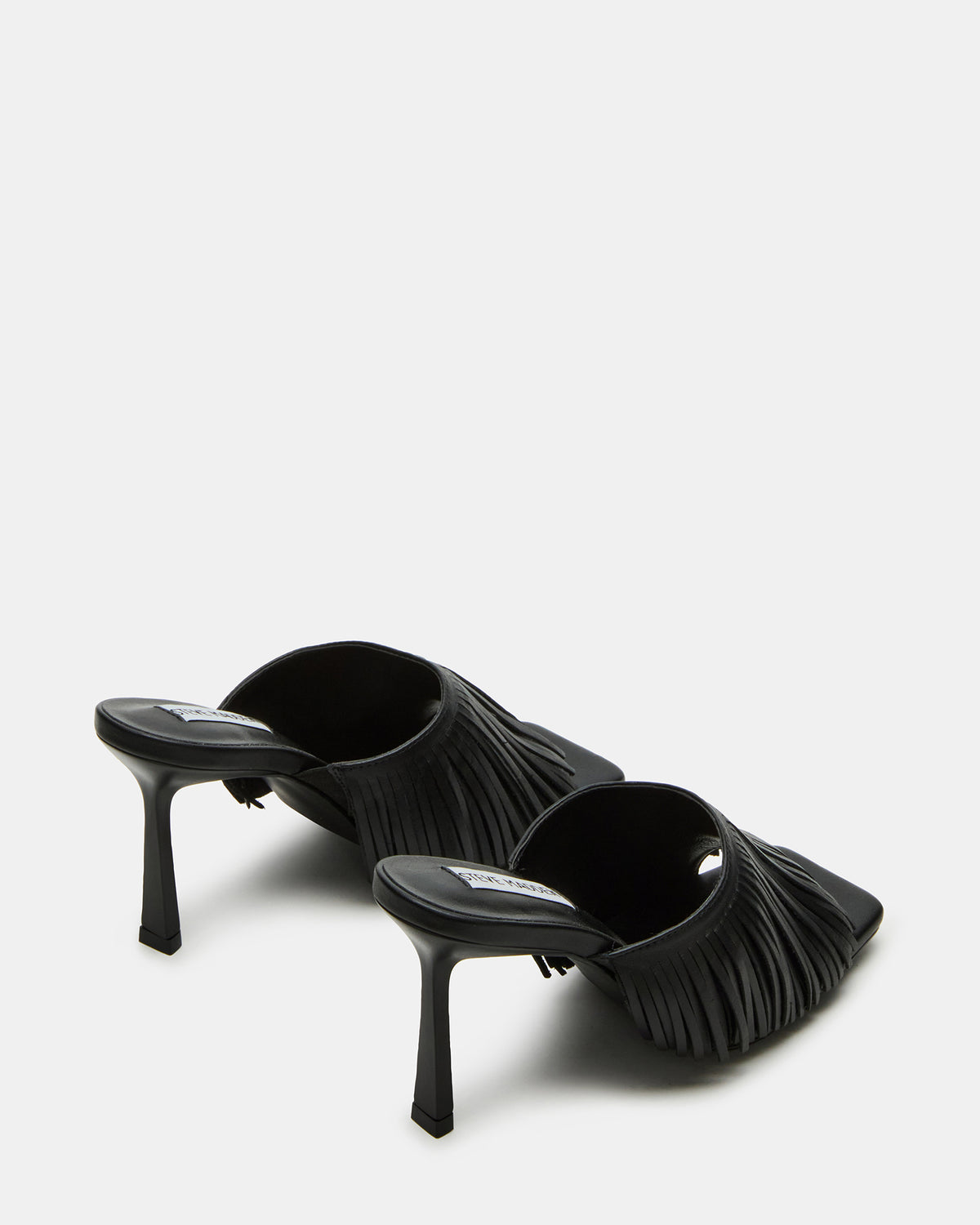 MORINA Black Leather Square-Toe Stiletto Mule Fringe Heel | Women's Heels | Steve Madden