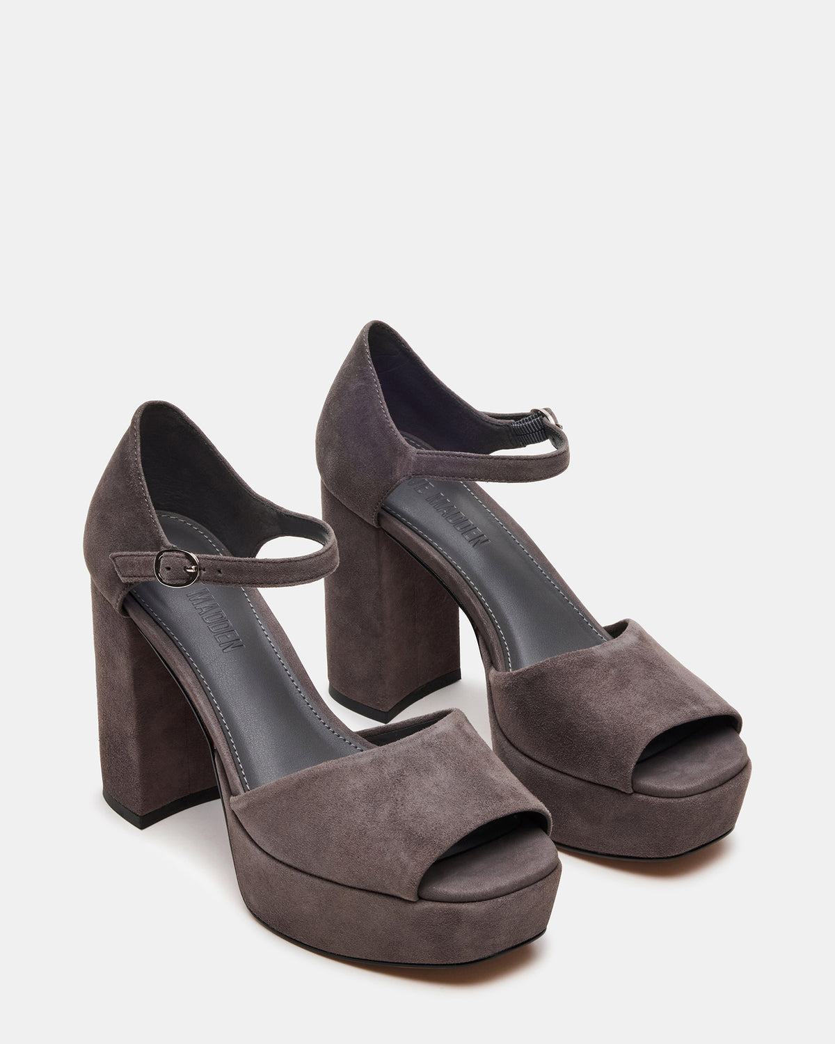 LONDON Grey Suede Platfrom Block Heel Square-Toe Women's Heel | Steve Madden