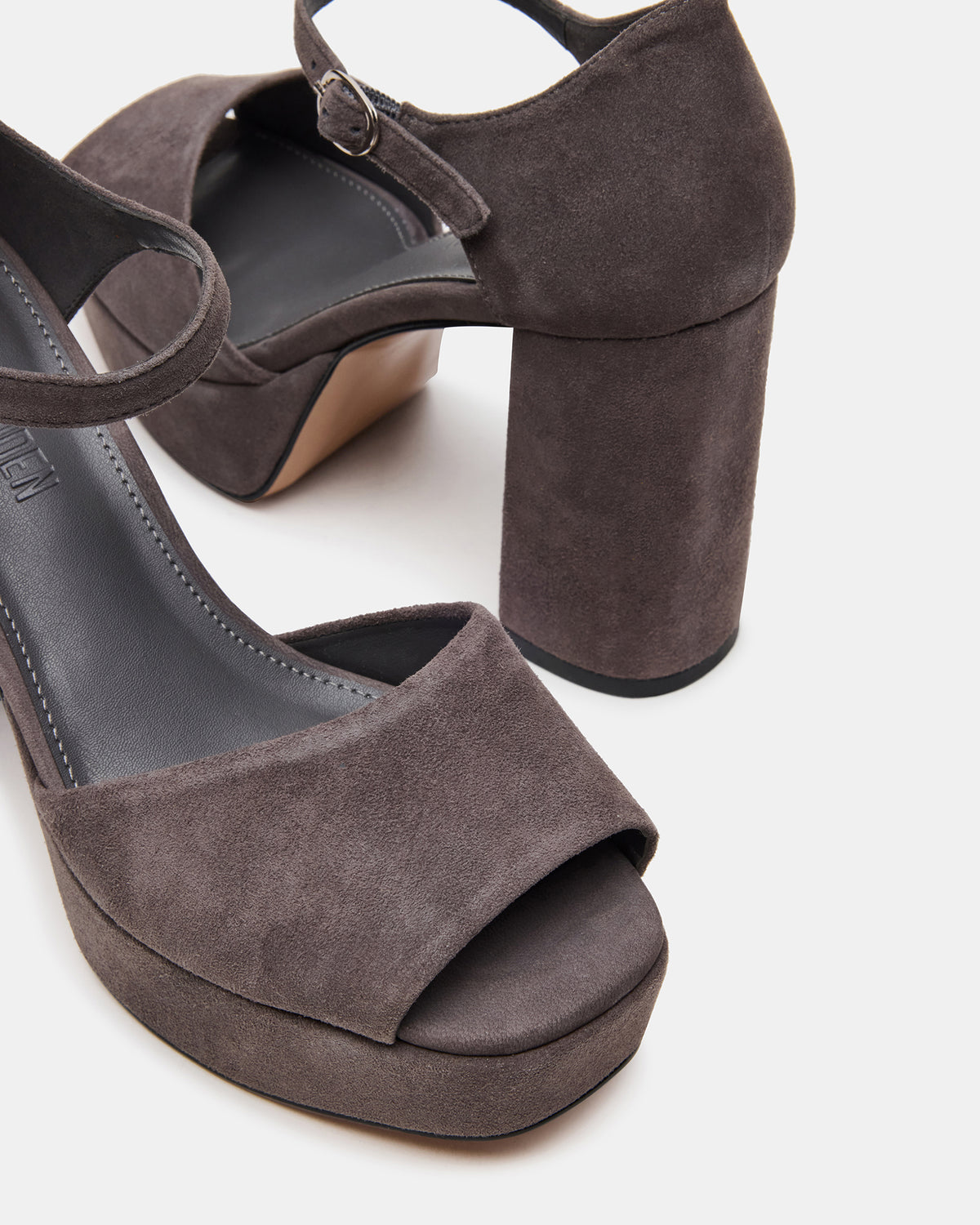 LONDON Grey Suede Platfrom Block Heel Square-Toe Women's Heel | Steve Madden