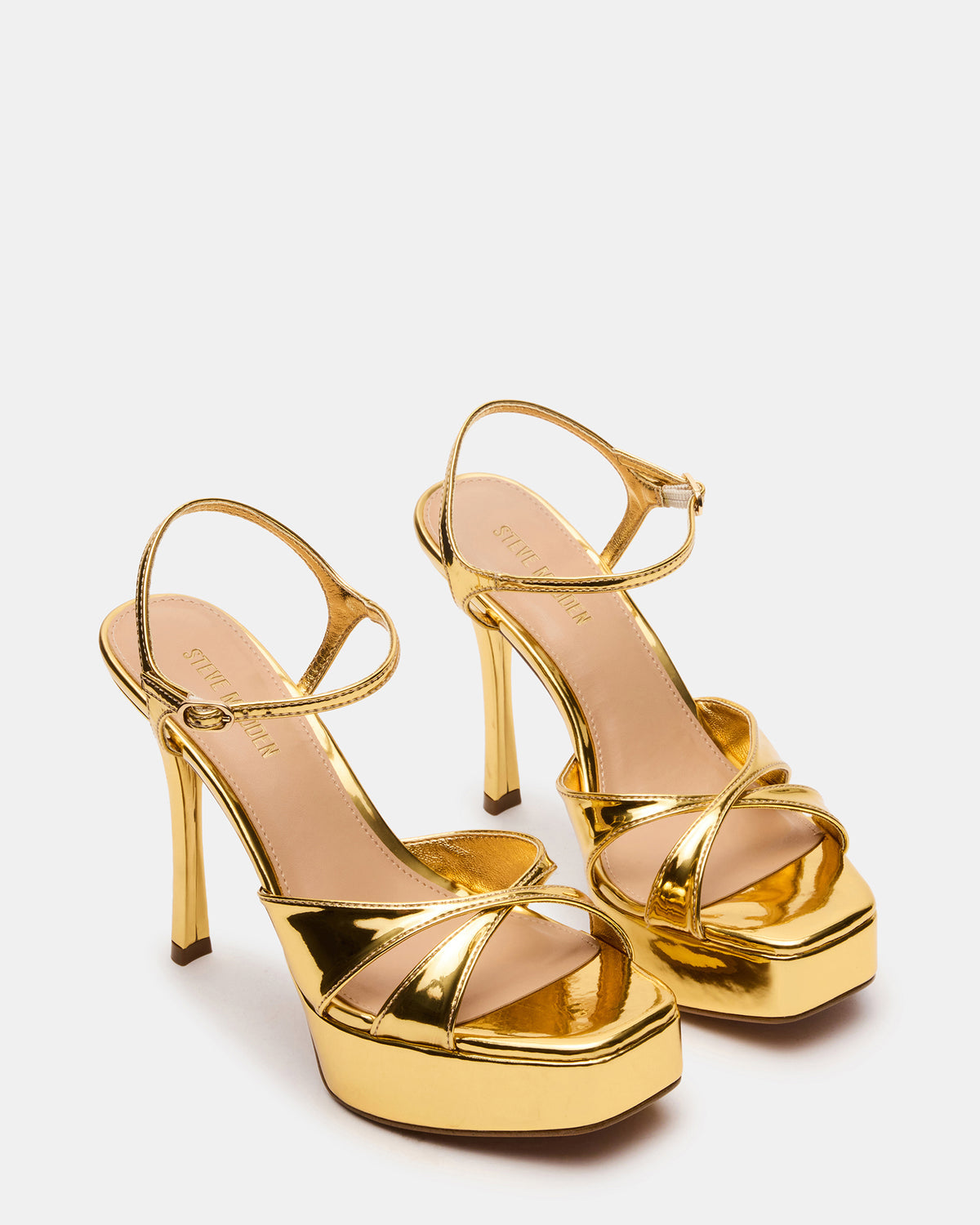 SCARLET Gold Square-Toe Strappy Platform Women's Heel | Steve Madden