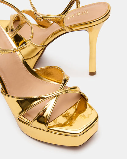 SCARLET Gold Square-Toe Strappy Platform Women's Heel | Steve Madden