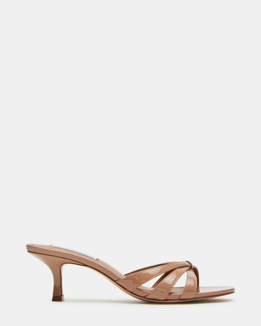 CARY Tan Patent Leather Square-Toe Strappy Mule Women's Heel | Steve Madden
