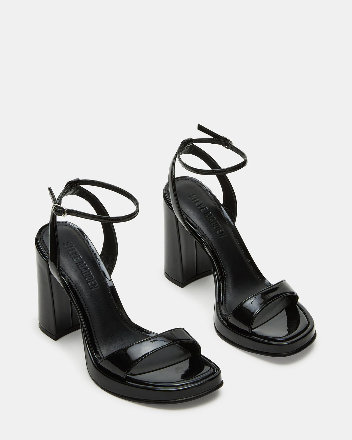 SULLIVAN Black Patent Square-Toe Strappy Heel | Women's Heels | Steve Madden