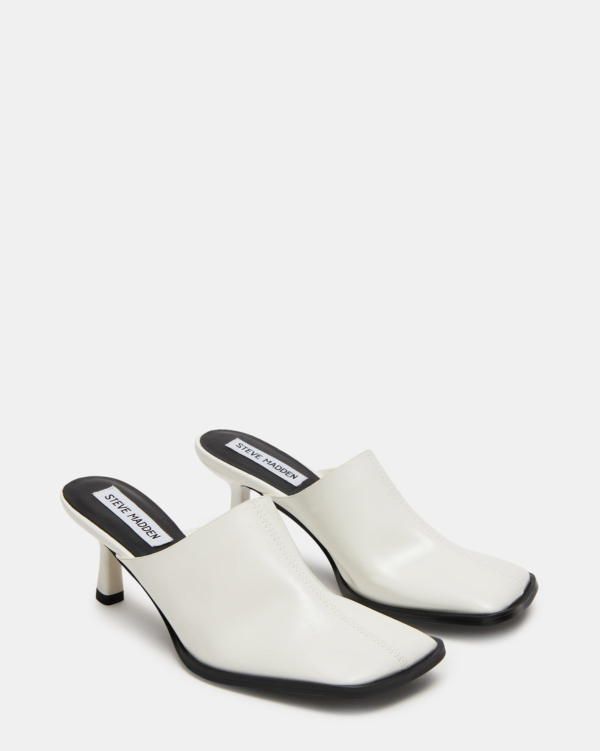DEMPSEY White Leather Square-Toe Mule Women's Heel | Steve Madden