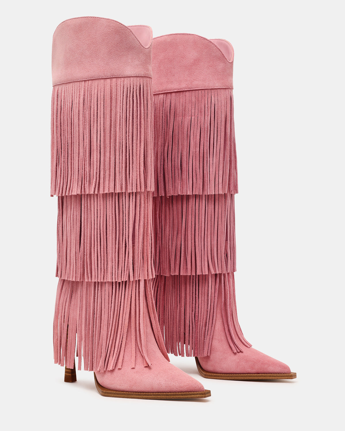 KINZEE Fringe Pink Suede Pointed-Toe Knee-High Western Stiletto Women's Boot | Steve Madden