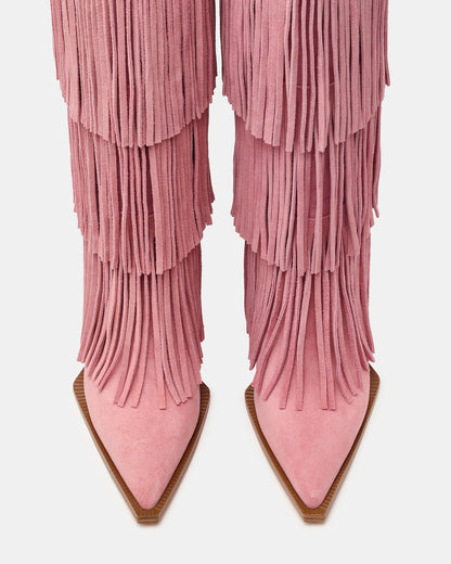 KINZEE Fringe Pink Suede Pointed-Toe Knee-High Western Stiletto Women's Boot | Steve Madden